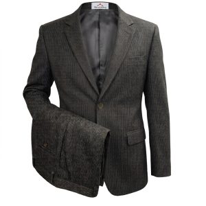Traje de hombre de dos piezas en tweed con patrón de espiga y raya, chaqueta y pantalón elegante.
