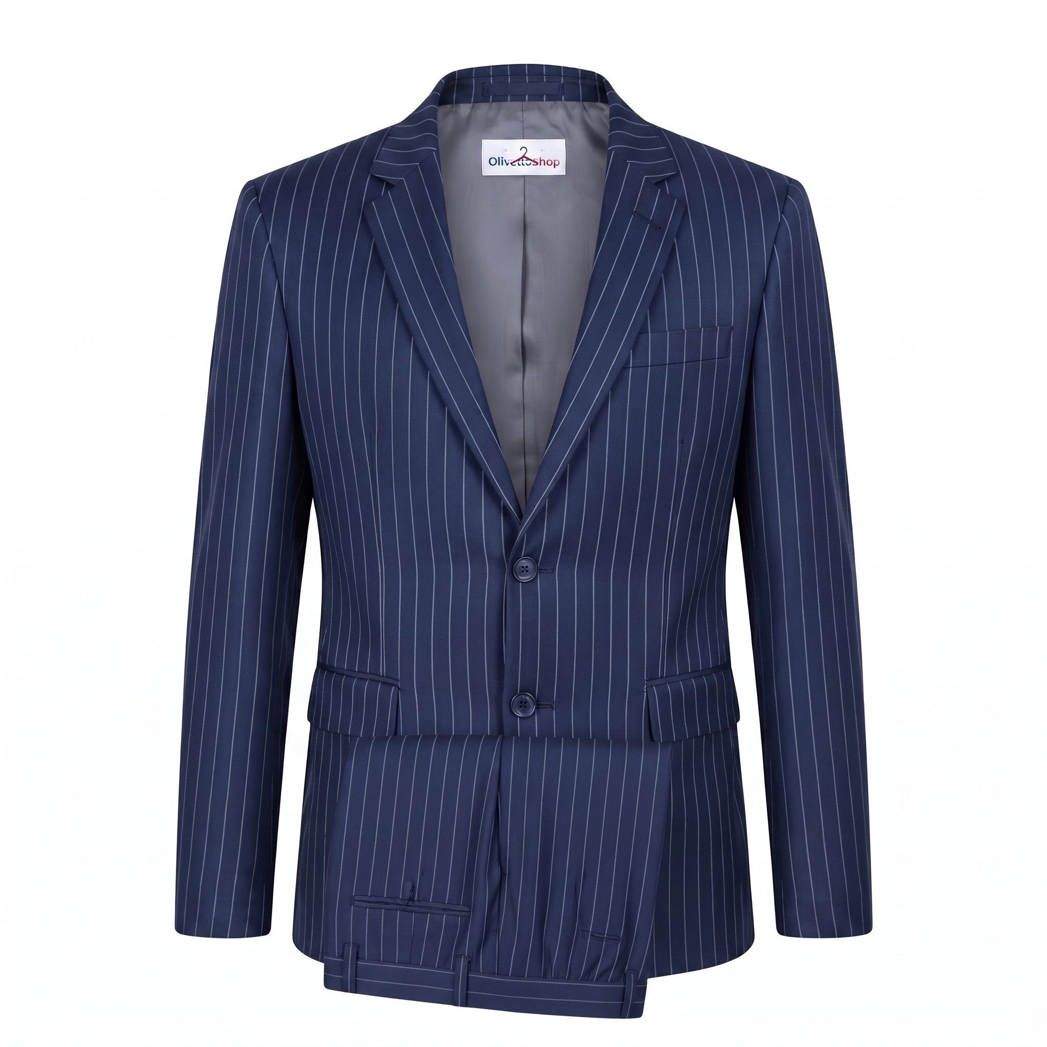 Conjunto de traje completo para hombre, color azul marino con patrón de rayas diplomáticas finas - Colección OlivettoShop