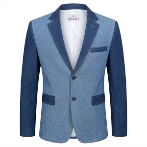 Saco de caballero bicolor en denim y chambray con diseño moderno, vista frontal, producto de OlivettoShop